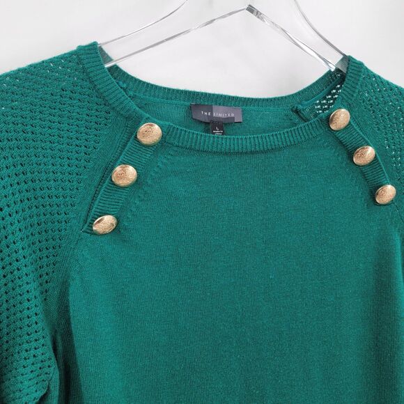 The Limited Sweater Womens Large Green Open Knit Sleeves Gold Button Accents - Picture 7 of 11